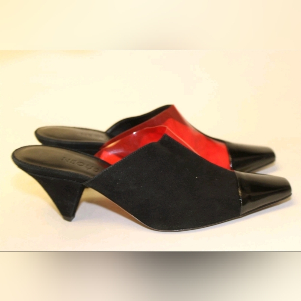 NEOUS GORGEOUS Italy Made Black Red Acetate Suede Mules Pumps Heels 38 8 - Picture 6 of 16